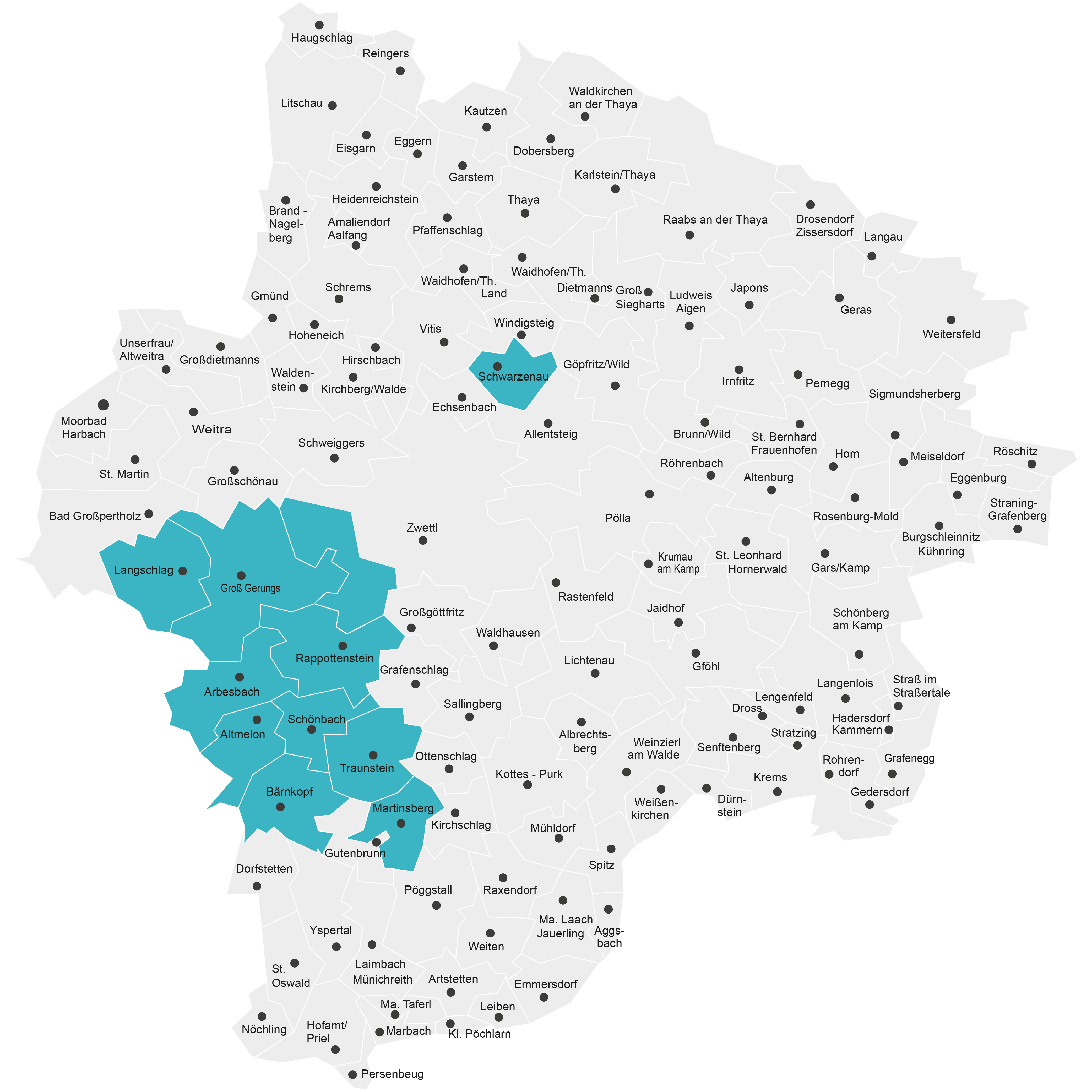Karte der Gemeinden in der Glasfaserregion FTTH Netz Waldviertel