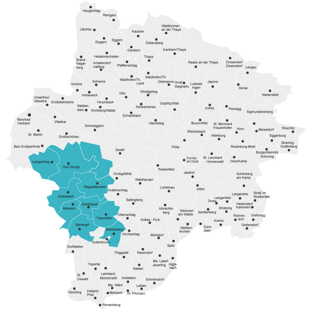 Karte der Gemeinden in der Glasfaserregion FTTH Netz Waldviertel